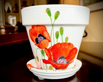 Vibrant Orange California Poppy Flower Pot, Matching Saucer, Floral Decor, Colorful & Fun