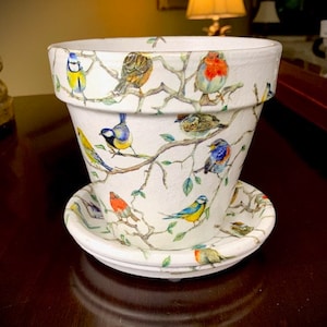 Decoupaged Spring Birds Flower Pot: Songbird Planter with Saucer (5 inch)