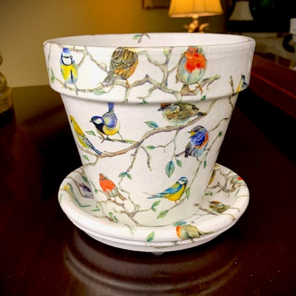Decoupaged Spring Birds Flower Pot: Songbird Planter with Saucer (5 inch)