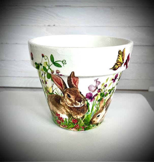 Bunny Flower Pot With Saucer: Decoupage Floral Clay Pot (5 Inch