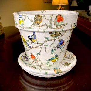 Decoupage 15 cm vårfåglar terrakottakruka med fat