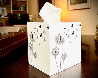 Dandelion and Butterflies Tissue Box Cover, Black and White Farmhouse Decor