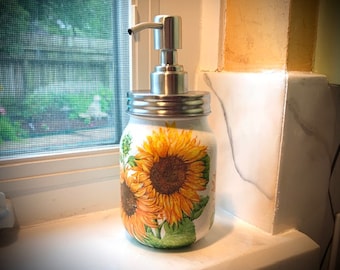 Colorful Sunflower Glass Soap Dispenser, Decoupaged Yellow Sunflowers, Sunflower Décor, Farmhouse Décor, Honey Bee, Rustic Floral Décor,