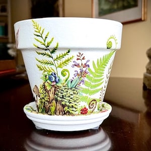 Puede incluir: Maceta de cerámica blanca con un diseño pintado a mano de helechos, setas y bayas. La maceta tiene un platillo a juego.