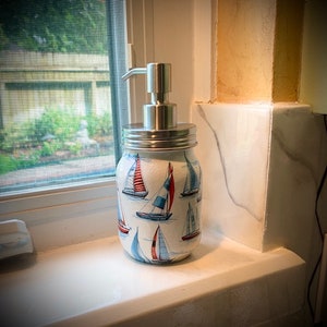 Ahoy There - Unique Sailboat Decoupaged Glass Soap Dispenser, Red, White and Blue Colors, Nautical Themed, Beach House Gift, Gift for Him,