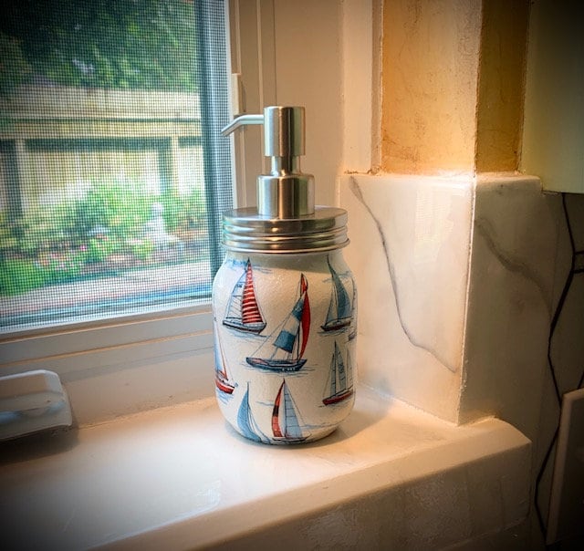 Ahoy There - Unique Sailboat Decoupaged Glass Soap Dispenser, Red, White and Blue Colors, Nautical Themed, Beach House Gift, Gift for Him,