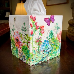 Blooming Cactus Tissue Box Cover, Butterflies, Floral Décor, Farmhouse Look, Southwestern Style, Desert Blooms, Desert Chic, Blooming Cactus