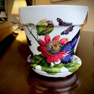 Decoupage-blomkruka med fjärilsdekor, Black Eyed Susan, 13 cm med fat