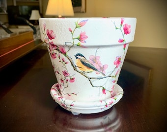 Serene 5&quot; Cherry Blossoms with Yellow Bird Flower Pot & Matching Saucer, Floral Decor, Bird Lover&#39;s Design, Springtime Blossoms