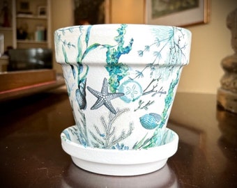 Beach Themed Decoupaged Flower Pot with Drainage Hole, Nautical Décor, Under the Sea Design, Sea Life Garden Planter, Coastal Vibe