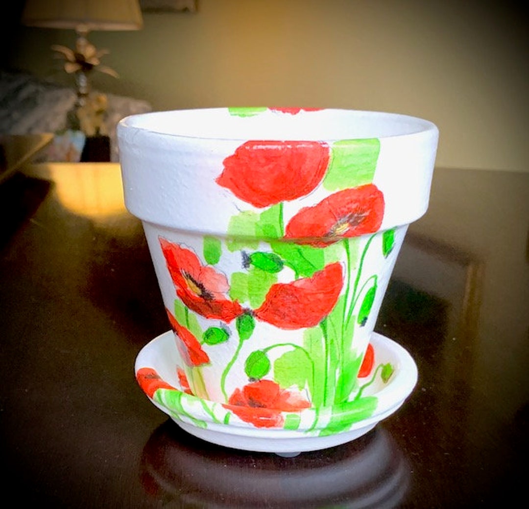 Hand Decorated Red Poppy Flower Pot Etsy
