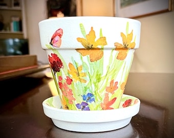Wildflowers and Butterflies Flower Pot & Matching Saucer, Colorful Design, Floral Decor, Shabby Chic