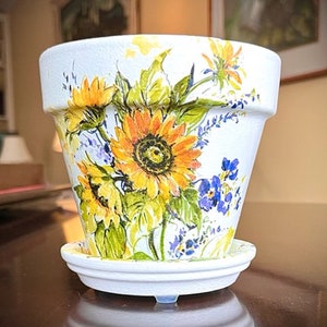 Summer Sunflower Bouquet Flower Pot, Matching Saucer Included, Floral Decor, Bluebonnets, Shabby Chic