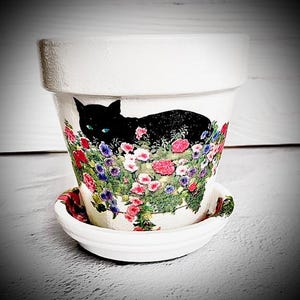 May include: White ceramic plant pot featuring a black cat design amidst vibrant flowers. The cat has green eyes. The pot sits on a matching saucer, suitable for indoor or outdoor use.
