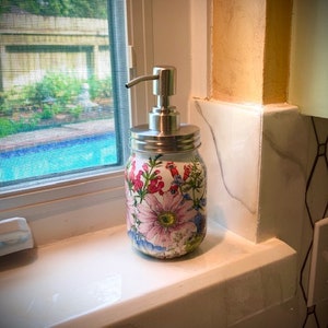 Colorful Wildflower Glass Soap Dispenser, Floral Décor, Farmhouse Look, Blue Delphiniums, Red Foxgloves, Morning Glories, Shabby Chic,