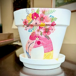 Silly Flamingo Decorated Flower Pot - Whimsical Design, Pink Flamingo, Floral Décor, Silly Flamingo Planter, Pink Flamingo and Flowers