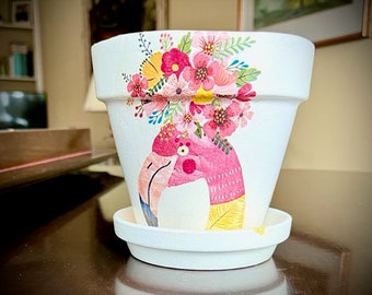 Silly Flamingo Decorated Flower Pot - Whimsical Design, Pink Flamingo, Floral Décor, Silly Flamingo Planter, Pink Flamingo and Flowers