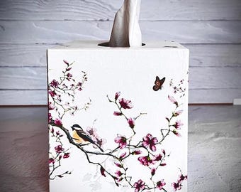 Cherry Blossom Tissue Box Cover: Bird & Butterfly Design