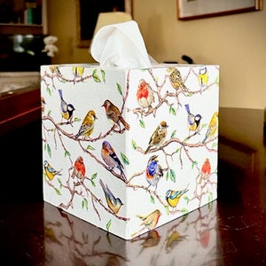 May include: A square tissue box with a watercolour design of colourful birds on branches. The box is white, patterned with birds and leaves. White tissues are visible at the top. The box is approximately 12 cm x 12 cm.
