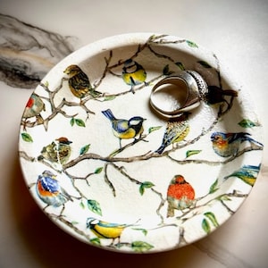 Decoupage Bird Ring Dish: Terra Cotta Clay Trinket Holder