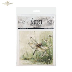Peut inclure: Un paquet de six feuilles de papier de riz mini avec un motif de libellule et de fleurs. La libellule a des ailes détaillées et un corps fin, sur un fond doux de style aquarelle. Le paquet comprend le texte "MINI RICE PAPER SET".