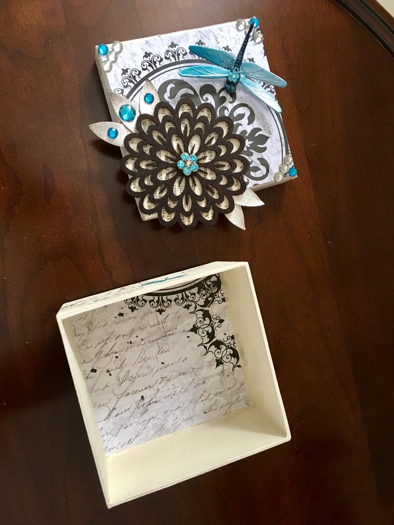 Upcycled dragonfly and flower keepsake jewellery box