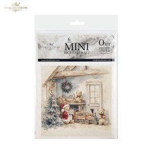 Peut inclure: Un paquet de six feuilles de papier de riz miniatures avec une illustration à l'aquarelle d'une scène de Noël. L'image montre un intérieur de chalet douillet avec des ours en peluche, un sapin de Noël et un train jouet. Le paquet est étiqueté "Mini Rice Paper Set."