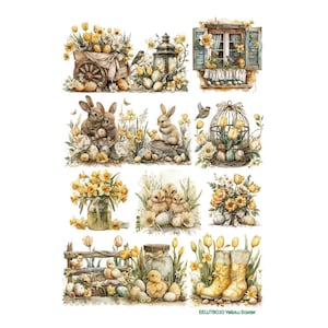 Può includere: Una collezione di illustrazioni in stile acquerello con fiori gialli, uova di Pasqua, conigli, pulcini, un carretto di legno, una gabbia per uccelli e stivali da pioggia. Il testo EEWT8010 Yellow Easter è stampato nell'angolo in basso a destra.