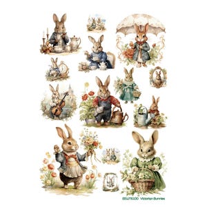 Puede incluir: Una colección de ilustraciones estilo acuarela con conejos antropomórficos en varias escenas, incluyendo jardinería, hora del té y música, con detalles florales y ropa de estilo victoriano, etiquetada como EEWT6100 Victorian Bunnies.