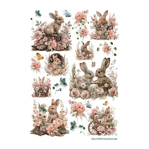 Puede incluir: Una colección de pegatinas decorativas con conejos marrones rodeados de rosas rosadas, vegetación y mariposas. La hoja incluye varias escenas de conejitos en cestas, sobre troncos de árboles y en arreglos florales con el texto EEWT6200 Floral Bunnies.