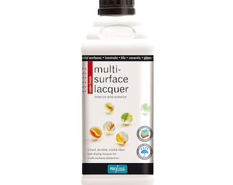 May include: A white bottle of Polyvine multi-surface lacquer with a black cap. The bottle has a label with the text "multi-surface lacquer" and "interior and exterior". The label also states that the lacquer is "a hard, durable, crystal clear, fast-drying lacquer for multi-surface protection".