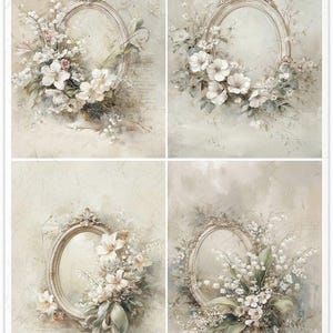 May include: Four decorative paper sheets featuring oval frames adorned with floral arrangements. The frames are cream-colored with ornate detailing, and the flowers are primarily white and pink, set against a soft, textured background.