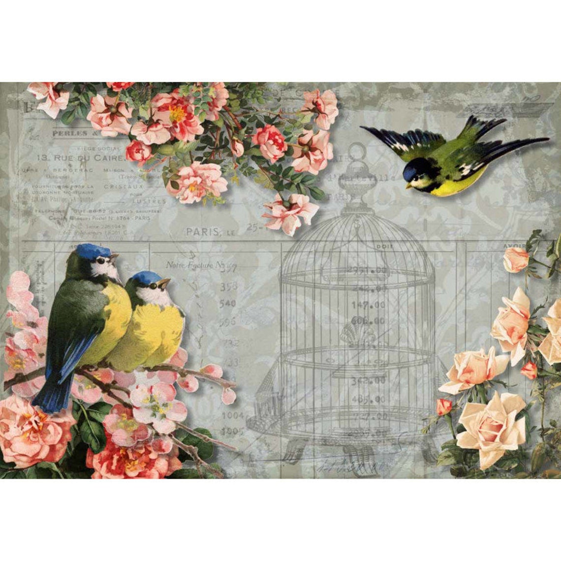 Decoupage Queen A4 Rice Paper Chickadees and Roses with Etsy