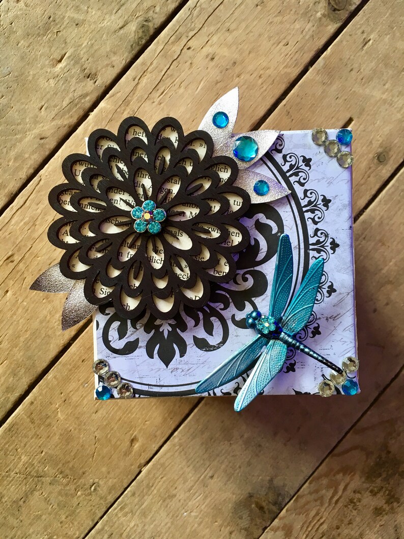 Upcycled dragonfly and flower keepsake jewellery box