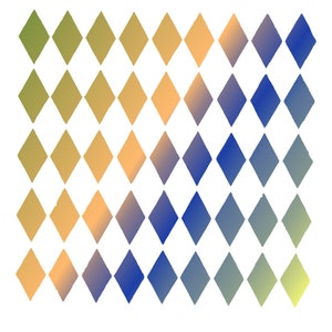 May include: A gradient pattern of yellow, orange, blue, and green diamond shapes on a white background.