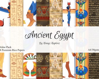 May include: A set of 8 premium rice papers featuring an Ancient Egypt theme. The papers are A4 size and 30gsm. The designs include hieroglyphics, scarabs, and pharaohs.