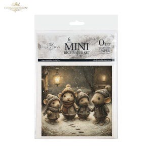 Peut inclure: Un paquet de six feuilles de papier de riz miniatures. L'image montre quatre souris vêtues de vêtements d'hiver dans une scène enneigée. Le texte sur le paquet indique "MINI RICE PAPER SET". La marque "Itd. COLLECTION" est visible.