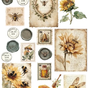 May include: A collection of vintage-style ephemera featuring bees, sunflowers, honeycombs, wax seals, and postmarks. Elements include botanical illustrations, honey jars, honey dippers, and aged paper textures with text like Bee Haven and EEWT6010.