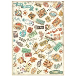 Stamperia Rice Paper A4 - Etiquetas Art of Travelling