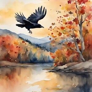 May include: Watercolour painting of a raven flying over a lake with autumn foliage in the background. The lake is reflecting the colours of the trees. The painting is on rice paper and measures 210mm by 297mm.