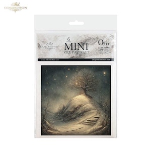 Peut inclure: Un paquet de six feuilles de papier de riz mini. L'image présente un paysage hivernal avec un arbre sur une colline enneigée sous un ciel étoilé. Le texte "MINI RICE PAPER SET" est visible sur l'emballage.
