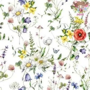 May include: A white background is covered with a watercolor floral pattern. The design features a variety of flowers in shades of red, yellow, purple, and white, along with green leaves and a small butterfly. The overall effect is delicate and natural.