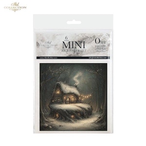 Peut inclure: Un paquet de mini feuilles de papier de riz avec une scène hivernale d'un chalet. Le chalet a des fenêtres éclairées, un toit enneigé et est entouré d'arbres. Le paquet contient 6 feuilles et porte la mention "MINI RICE PAPER SET".