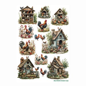 May include: A collection of stickers featuring various chicken coops, roosters, and hens in rustic settings. The designs include detailed wooden structures, colorful poultry, and floral accents. The text EEWT6000 Chicken Coop is printed at the bottom.