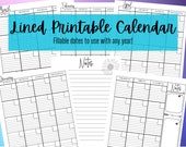 Lined Monthly Calendar, Portrait, Printable Download, Jan-Dec