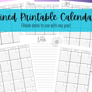 Lined Monthly Calendar, Portrait, Printable Download, Jan-Dec