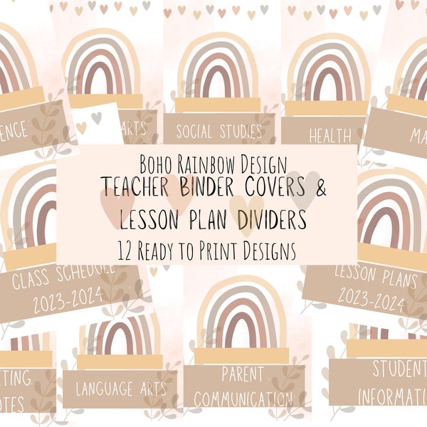 Teacher Binder Cover; Printable PDF; Lesson Plan Dividers; Boho Design; Neutral Boho Rainbow