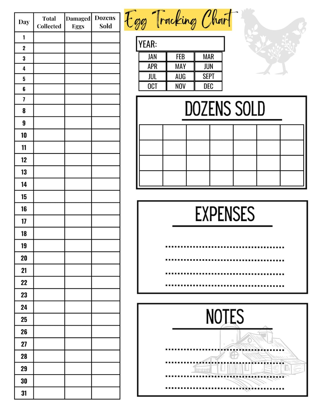 Egg Tracking Chart/ Egg Laying Printable Chart/ Egg Tracker/printable Egg Tracker Chart Etsy
