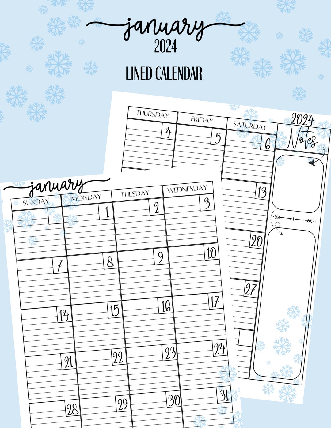 January 2024 Lined Monthly Calendar, Portrait, Printable Download - Etsy