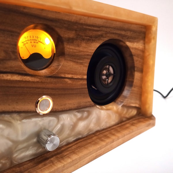 Handmade Wooden Bluetooth Speaker from wood and epoxy resin. This speaker can be a perfect Christmas gift.